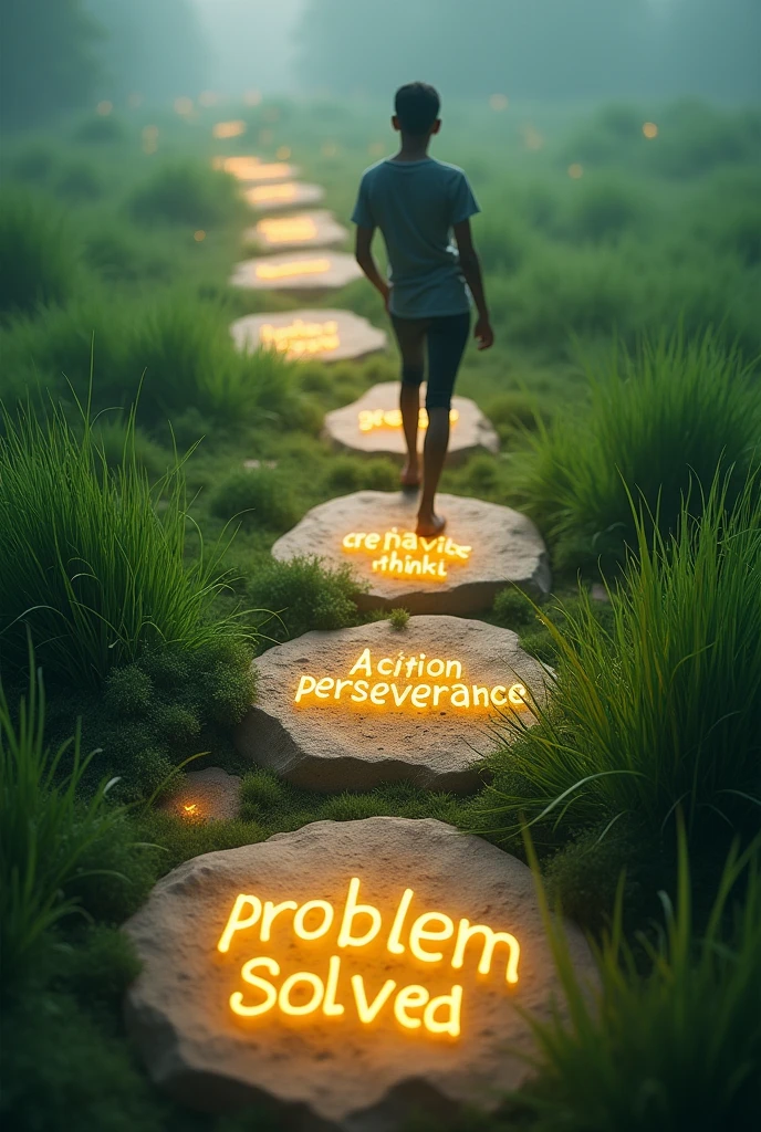 Create an image where a someone walks on 5 glowing stones with these words written on the stones. Creative thinking, Idea, Action,perseverance, problem solved. In a green grass