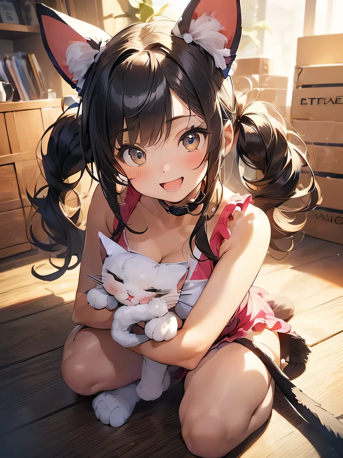 Highest quality、High resolution、Detailed Background、(Beautiful face in every detail:1.4)、(Normal number of fingers:1.2)、(Highly detailed face)、(Detailed eyes)、Teenage beauty、(Huge breasts:1.2)、Perfect body line、ponytail、Twin tails、cute hairstyle、A big smile、An innocent smile、Cute gestures、
(A girl playing with her friends in cat costumes, innocent and happy.:1.5)、
The girls wore cute cat ear headbands.、Has a fluffy tail、
The knitted one-piece has a cat's face printed on it, and she is wearing gloves with small paw prints on them.、On her feet, she is wearing green leggings and fluffy slippers.、Just like a real kitten、Running around energetically、Lounging around at home、Basking in the sun by the window、「Her」"、Pretending to lick a plate of snacks、The way he relaxes just like a real cat、So cute、It's filled with a happy atmosphere、The girls were playing enthusiastically.、It's a sight that will make you smile.、cute