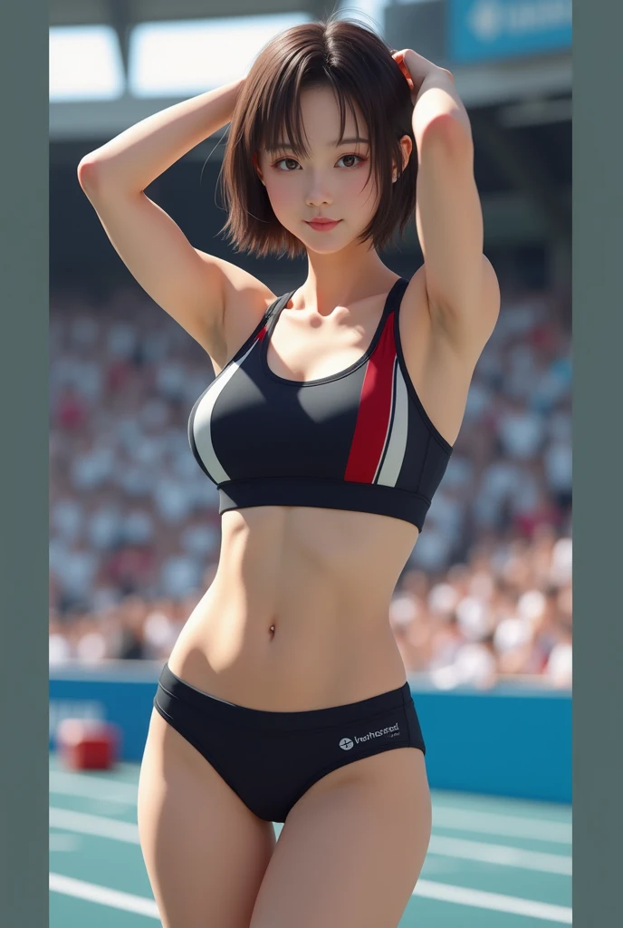 (masterpiece:1.2,Highest quality,Ultra-high resolution,Super detailed),(Photorealistic Stick:1.5),(RAW Photos:1.5),Elaborate photos,8k,wallpaper,Cinema Lighting,(Written boundary depth),(Sophisticated lighting:1.2),BREAK(1 female:1.6),(Are standing),(Japanese),(front:1.6),(Underarm:1.6),(whole body:1,6),(look at me),(strict),BREAK(short hair),(Beautiful Face,Beautiful Eyes,Detailed face,,Detailed skin,Detailed skin texture:1.3),(Sports Bra:1.5),(Racing Bloomer:1.5),(Racing Shoes),BREAK(muscular),(sensuous),(Thick thighs:1.2),(The background is an athletics stadium:1.6),(Blur the background:1.6),(Detailed hand),(hand,detailed,perfection,perfectionion,hand)
