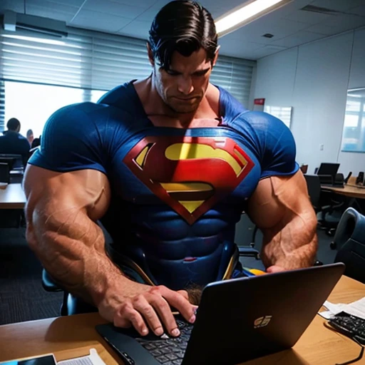 Superman working with laptop in office desnuded very big penis and pectolars gigans and hulk interesting at job
