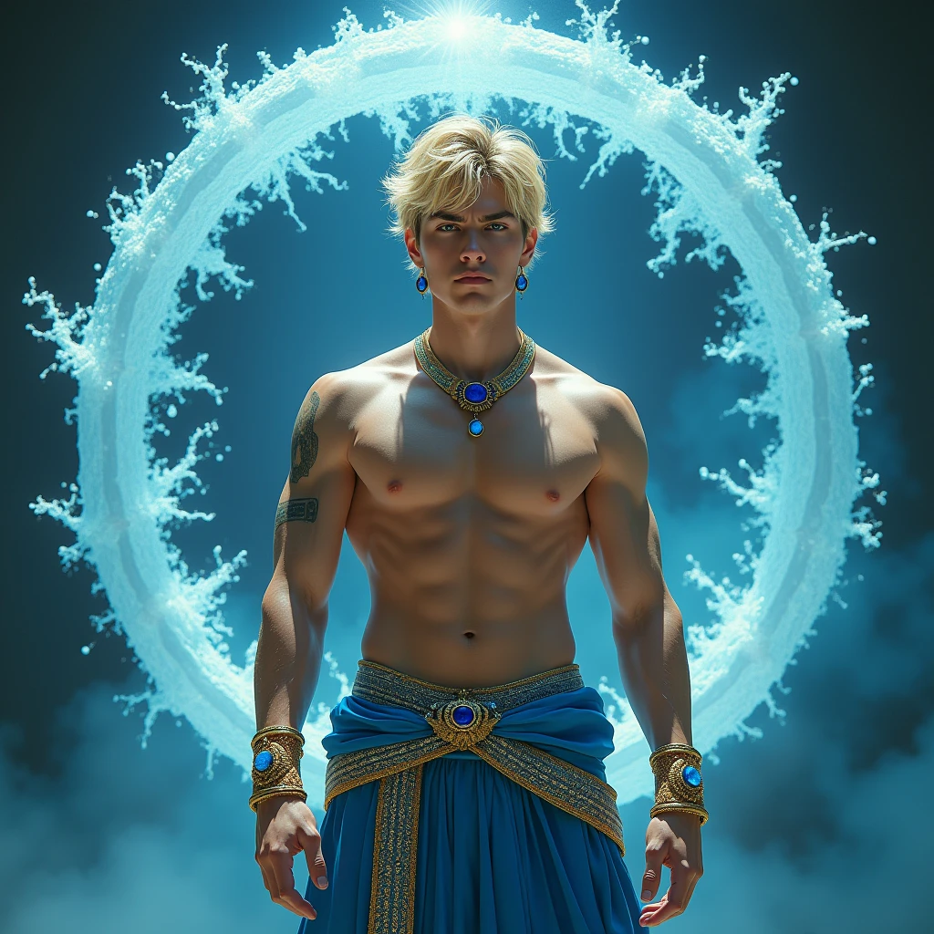 Young man with short blond hair, blue colored eyes, wearing no shirt, wide blue pants with some details and similar to Arab pants, two gold bracelets with sapphires on the wrists, golden crown with sapphires and similar to a tiara on the forehead, a circle made of water floating around the head, epic pose, 独奏, Masterpiece artwork, precise, High details, 3D rendering, conceptual artwork, cinematic lighting, macro photography