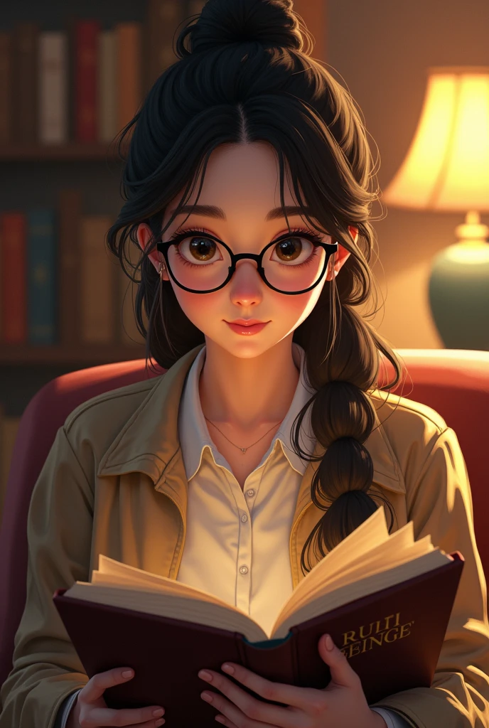 A very cute  with sparking dark Brown eyes and a ponytail of dark brown long hair, wearing glasses is reading a book about public administration 