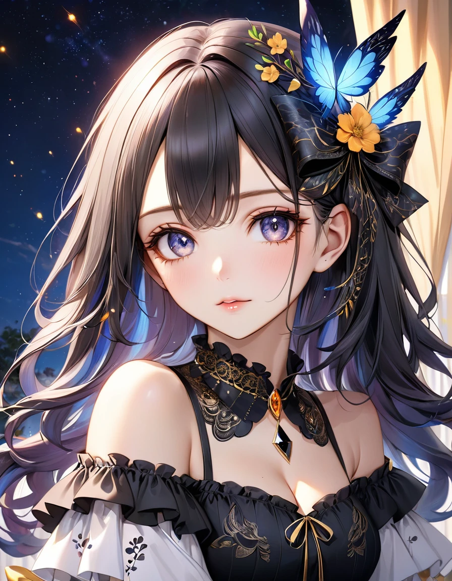 super sexy sensual meiga atraente A close-up realistic and artistic portrait painting of a fairy she has a long vibrant sky arco íris wavy hair styled in loose curls with bangs framing her forehead, sexy rasgada roupas decote sensual adorned with a black floral bow, serene and contemplative expression, next to her right eye there is a small detailed eagle wing tattoo, featuring intricate black and gold patterns with sparkling accents and fine lines resembling veins, The tattoo, consists of delicate black lines forming the wings, with small black diamond dots representing scales. Small white decorative elements resembling flowers, arrows, or tiny branches extend from the wings, creating a sense of depth, wearing a black fire dress with off-the-shoulder sleeves featuring white lace trim and ruffles with intricate designs, A ribbon is tied into a bow at the center front of the dress, which has a deep V-neckline., Her expression is calm and gentle The scene is set in an elegant room with walls and a matching curtain featuring subtle butterfly design, The lighting is soft and even, highlighting the subject's facial ,The overall composition is centered and balanced, creating a whimsical, enchanting, and inviting mood, 8k, photorealistic, trending on ArtStation .by Galr Dfh
