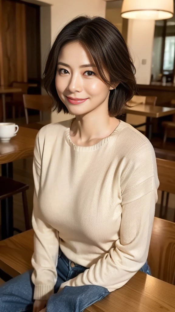(highest quality,8k,masterpiece),
Japanese mature woman,40 years,Mature Woman,Pure white skin, Tabletop、Top view from chest、
(Plump Breasts 1.3)、 ((Beige crew neck knit))、Light blue denim pants、Random hairstyle、
,A gentle smile、A gaze that seduces viewers、Dining out、Inside the coffee shop、Over a cup of coffee、