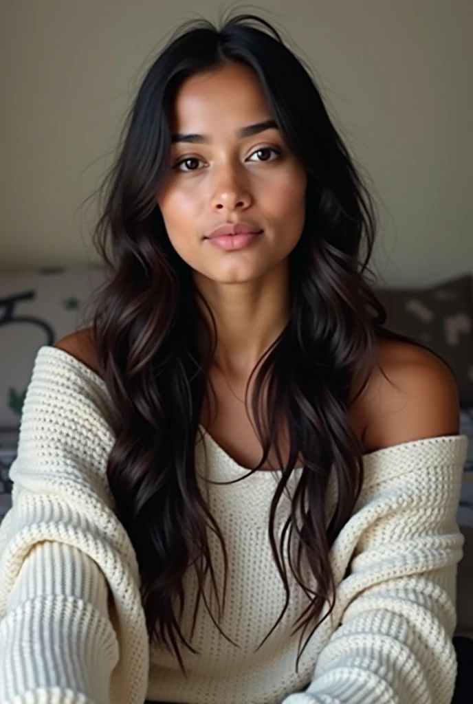 Clothing: off-white Aran Sweater, wool cap, brown Uggs, black leggings.
Appearance: pretty woman, natural makeup, long eyelashes, closed mouth smirk.
Hair: long hair, shiny smooth black hair, asymmetrical side-swoop bangs.