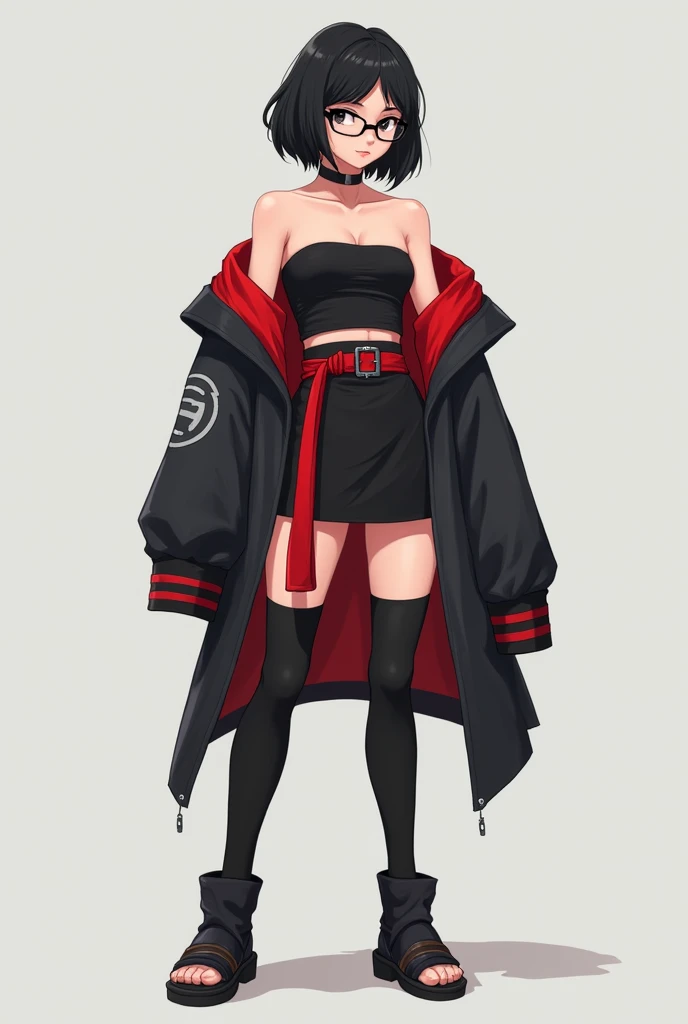 
"A full-body character design of a young female ninja wearing a modernized, stylish outfit. She has short black hair styled asymmetrically, and wears rectangular glasses. Her outfit consists of a black strapless top with a red belt, and an oversized black jacket with red lining and a gray ninja symbol patch on the left arm. She also wears black shinobi sandals with tall leg warmers 