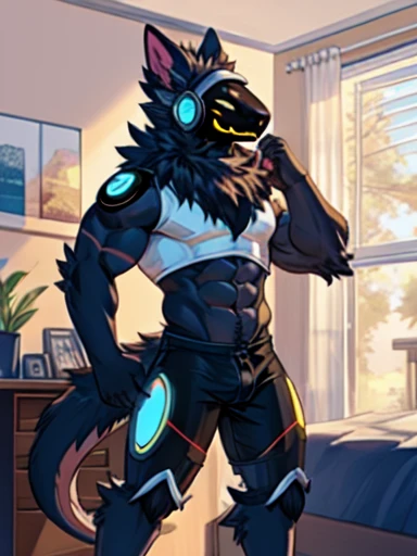 Scorpion Protogen hybrid, bedroom, muscles, no shirt, no pants, tail, stinger, black fur