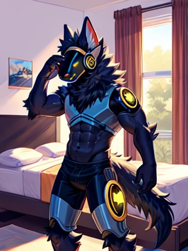 Scorpion Protogen hybrid, bedroom, muscles, no shirt, no pants, tail, stinger, black fur