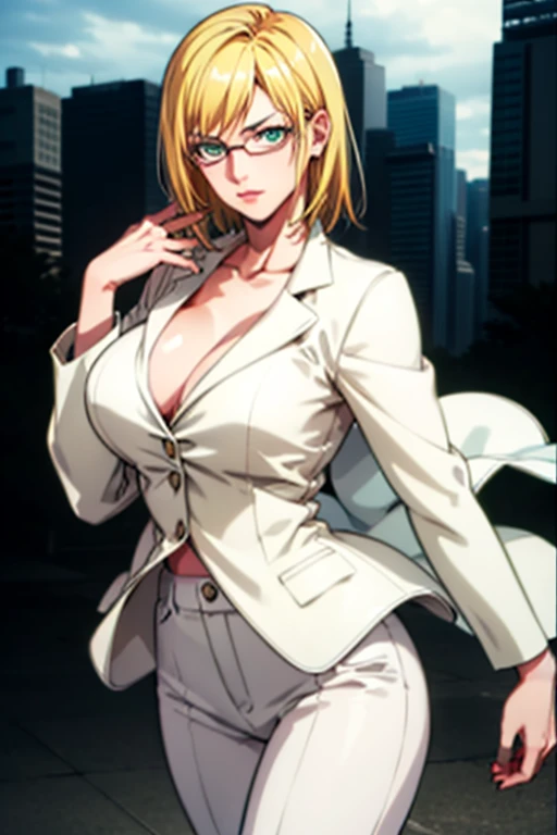 (masterpiece, best quality, ultra-detailed), 1girl, MichelleKD, blonde hair, green eyes, white glasses, looking at viewer, standing, city, white shirt, black jacket, black pants