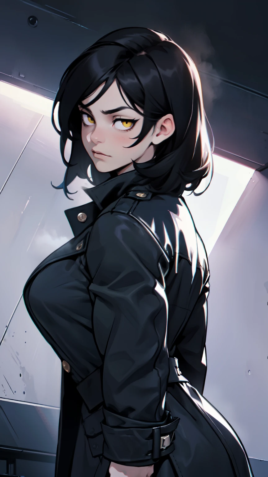 tired black hair yellow eyes pale skin muscular girl toned body large breasts embarrassed huge muscles tired tired dark atmosphere dark atmosphere dark atmosphere dark atmosphere dark atmosphere dark atmosphere dark atmosphere dark atmosphere dark atmosphere dark atmosphere dark atmosphere dark atmosphere feminine huge breasts trench coat rim lighting from behind