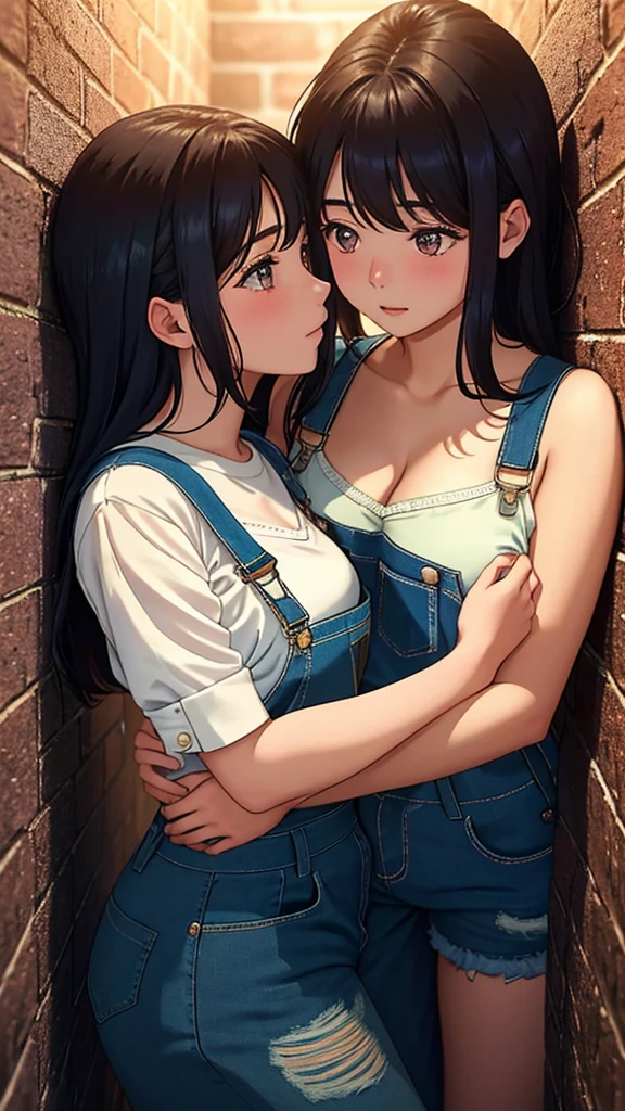 In an intimate and NSFW moment, The two eighteen year old girls found themselves pressed against each other., Their bodies close enough to feel the heat radiating between them. A girl was trapped against the wall., his arms raised above his head, surrender to the touch of the other. The other girl held her by the waist, his hand slipping under his overalls shot, Their gazes locked deeply into each other&#39;s eyes.. With seductive expressions playing on their faces., explored this forbidden moment, short overalls, barefoot, Their hearts beating with desire and they kiss., beach nearby.