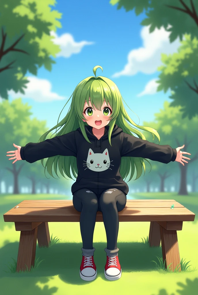 Anime girl with green and long hair, with arms wide open to receive a hug, smiling, black hoodie with a cat print on the chest, black jeans, red converse shoes, sitting on a picnic table in the park