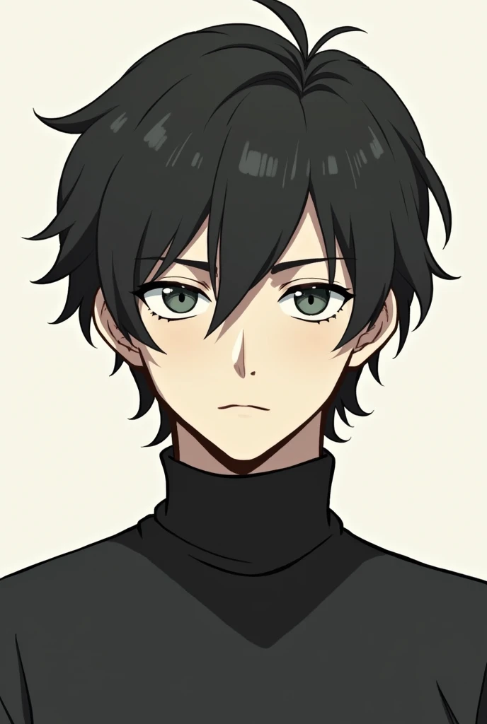 Hair a little long to the eyebrows, sleepy eyes, inverted triangle face with a turtleneck shirt and in the form of an anime, it has to be a man