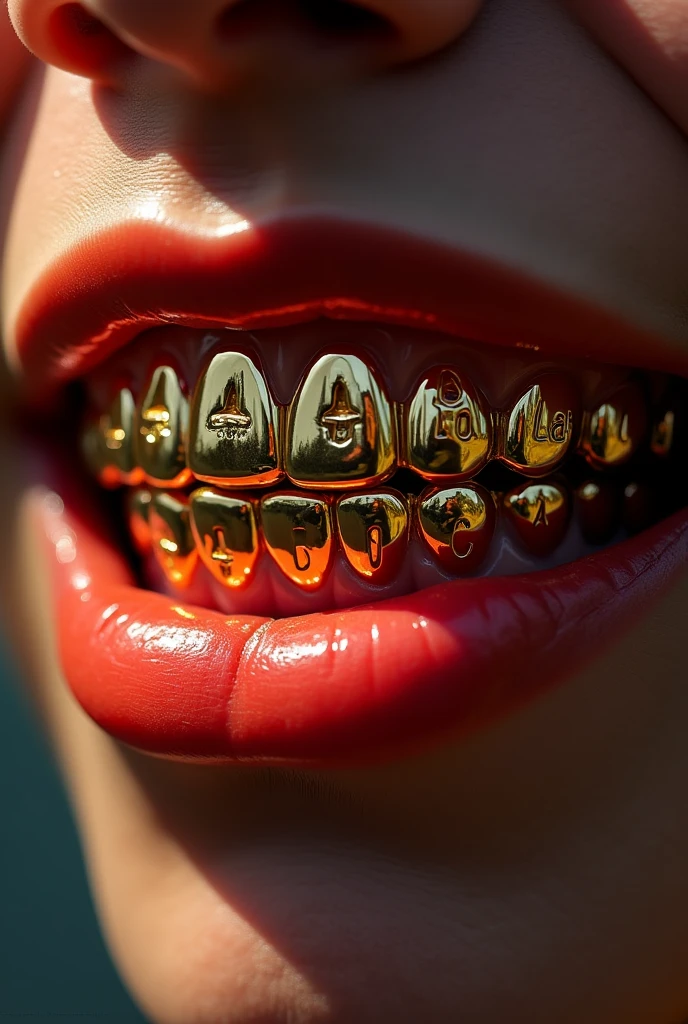 grillz in a red mouth with Lab Delaxx written on the teeth