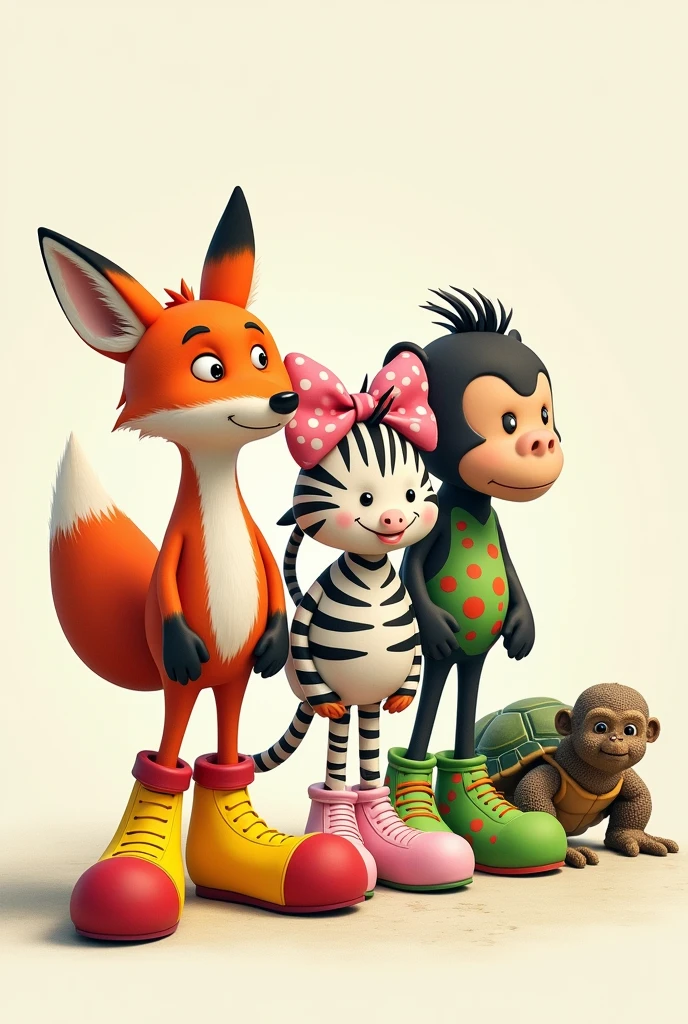 THE FOX WAS WEARING YELLOW AND RED SHOES THE ZEBRA WAS WEARING PINK SHOES WITH VERY BIG BOWS THE MONKEY WAS WEARING GREEN SHOES WITH ORANGE POLKA DOTS THE TURTLE WAS WEARING WHITE SHOES