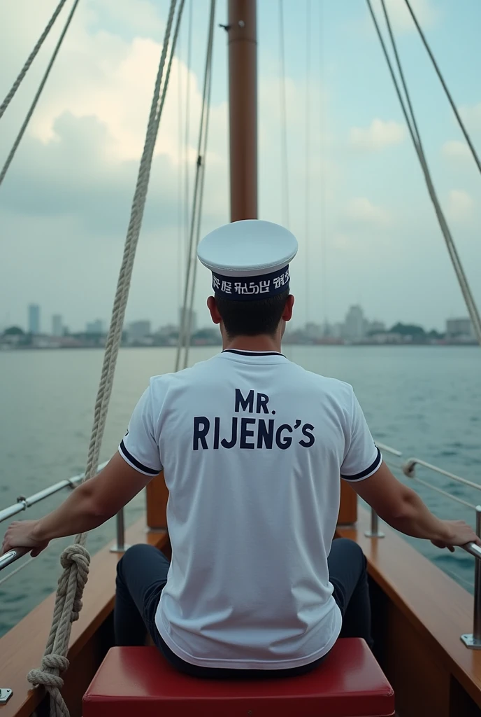 Please make a photo of a young man riding or steering a modern ship complete with a sailor's hat and a shirt that says Mr. RIJENG's on the back of his shirt.