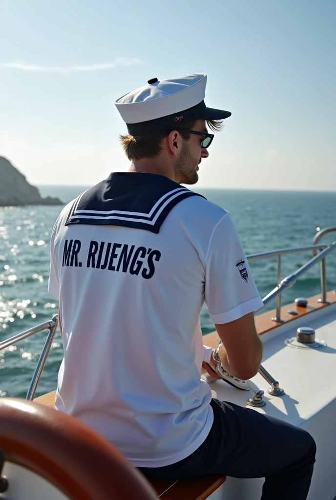 Please make a photo of a young man riding or steering a modern ship complete with a sailor's hat and a shirt that says Mr. RIJENG's on the back of his shirt.