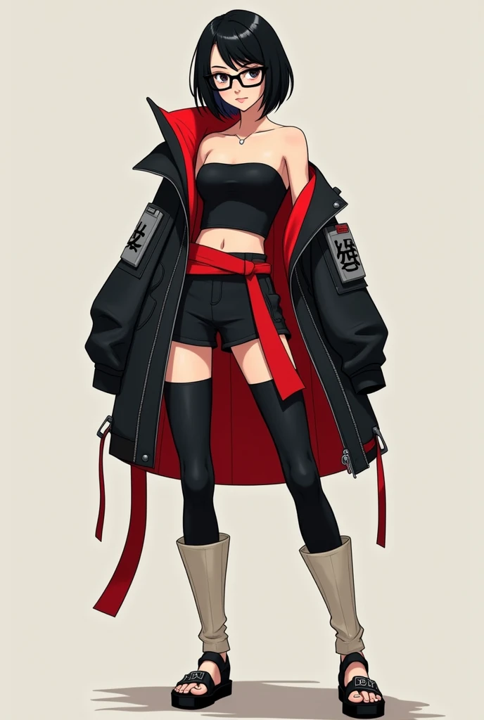 "A full-body character design of a young female ninja wearing a modernized, stylish outfit. She has short black hair styled asymmetrically, and wears rectangular glasses. Her outfit consists of a black strapless top with a red belt, and an oversized black jacket with red lining and a gray ninja symbol patch on the left arm. She also wears black shinobi sandals with tall leg warmers nude