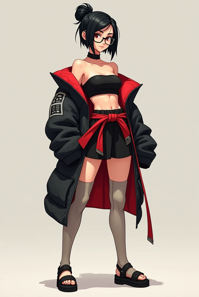 
"A full-body character design of a young female ninja wearing a modernized, stylish outfit. She has short black hair styled asymmetrically, and wears rectangular glasses. Her outfit consists of a black strapless top with a red belt, and an oversized black jacket with red lining and a gray ninja symbol patch on the left arm. She also wears black shinobi sandals with tall leg warmers nude