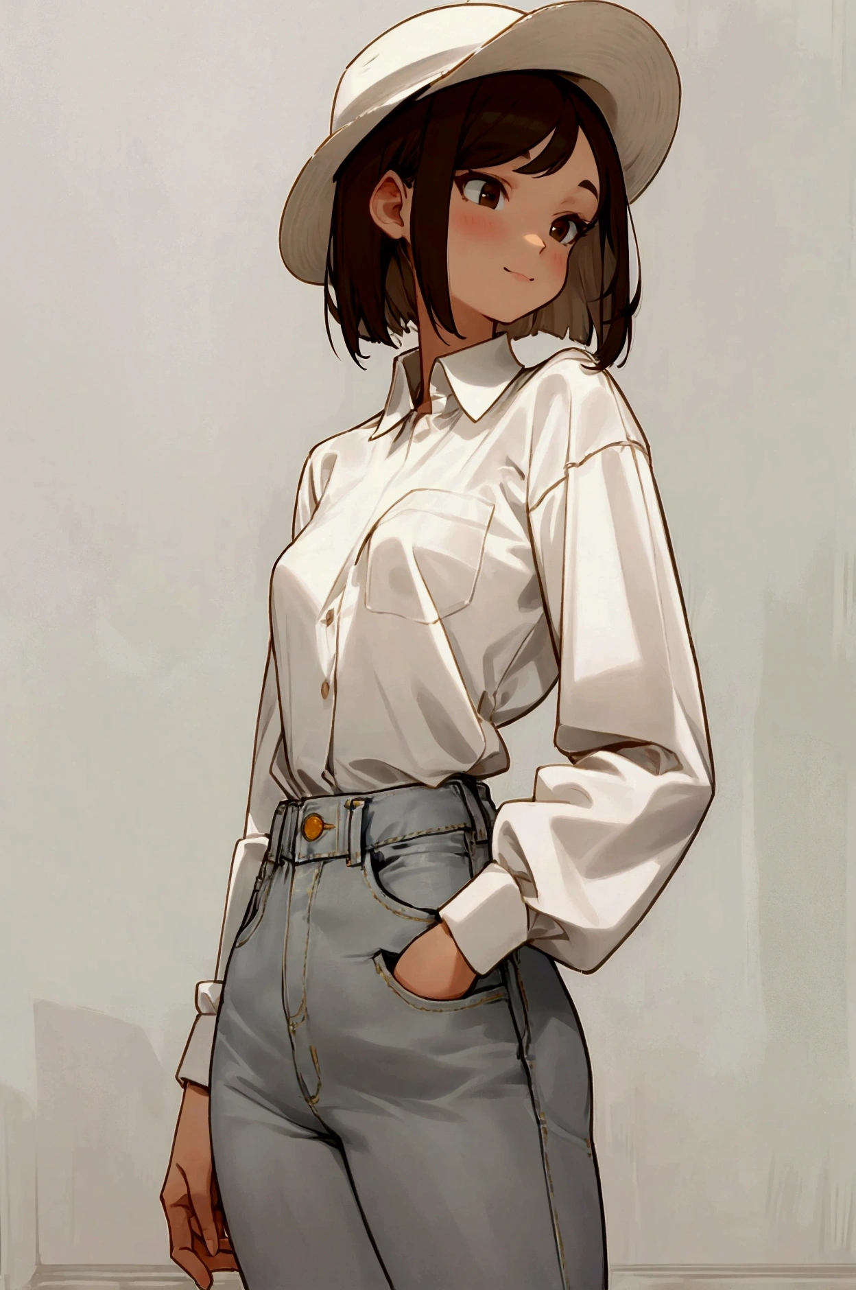 a painting of a young woman, soft thighs, small breasts, thin figure, regular sized brown eyes, white skin, wearing casual clothes: [waffle texture] light gray long sleeve shirt with high-rolled-up-sleeves(u-neck shirt), off-white Panama hat, slim jeans. slightly wavey hair(cut neck-length), kind facial features, hands inside jean pockets, casual pose, soft smiling expression, soft-brunette hair. soft shading, drawing outlines