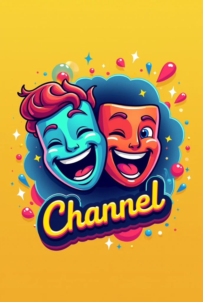 A dynamic central icon representing fun and entertainment. It could be a stylized comedy and tragedy mask, combined with stars and confetti around, to symbolize the variety of entertainment you offer. Alternatively, You could use an animated cartoon of a microphone or speaker with a smile and sound effects coming out of it..
colors:
Use a vibrant and colorful palette. Includes shades like bright yellow, deep red, electric blue and neon green. These colors not only stand out, but they also transmit energy and emotion.
design:
The icon should have clean, modern lines., with a touch of glow or shine effect to make it more eye-catching. You can add gradient effects to colors to give a sense of depth and movement.
Typography:
The channel name should be in a bold and playful font, as a modern script or sans-serif font, in colors that contrast well with the background. Consider using shadow or outline to make the text stand out even more.
bottom:
Opt for a simple, clean background in a neutral color or one of the vibrant colors in the palette to ensure the icon and text pop..
Additional Details:
You can add small graphic elements like sparkles, stars or animation effects around the icon to accentuate the fun and energetic atmosphere of the channel.