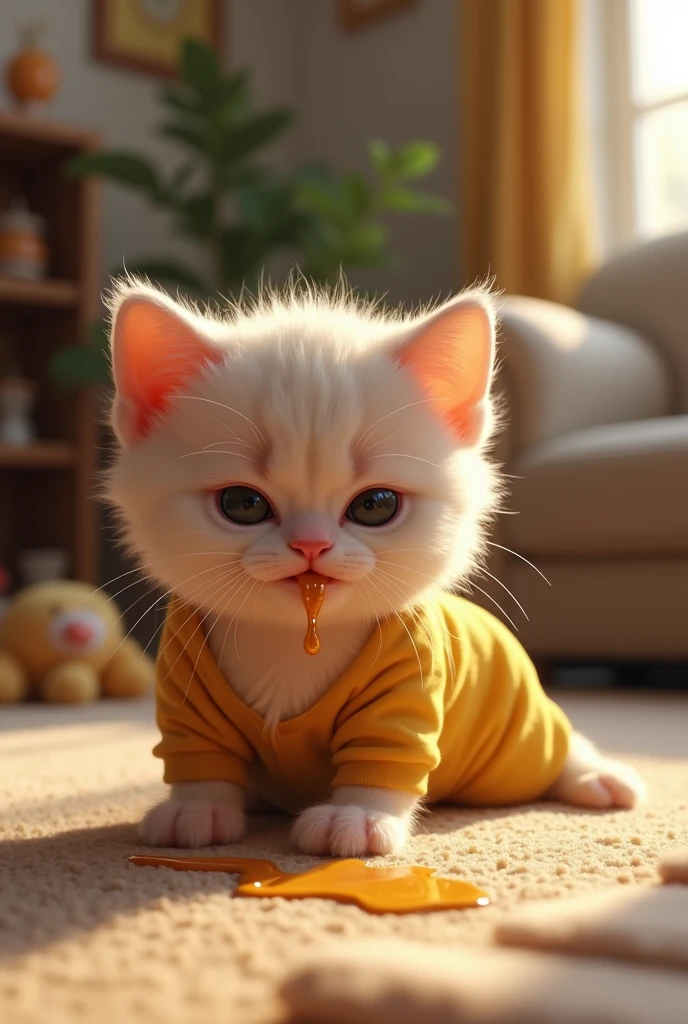 Create a photorealistic image of A small kitten crying and vomiting fluid following from kitten 's mouth, kitten wearing yellow jeans outfit lying on the floor, vomiting, The background shows a cozy living room with scattered toys.