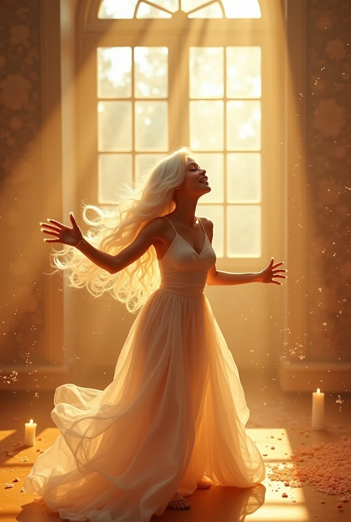 A woman with long wavy hair, white with long nails, dancing and singing free and happy, candles, Windows, the sun&#39;s rays, magic 