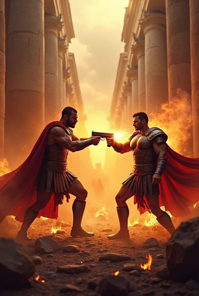 Create a logo of Gladiators or a soldier in a gun battle with fire