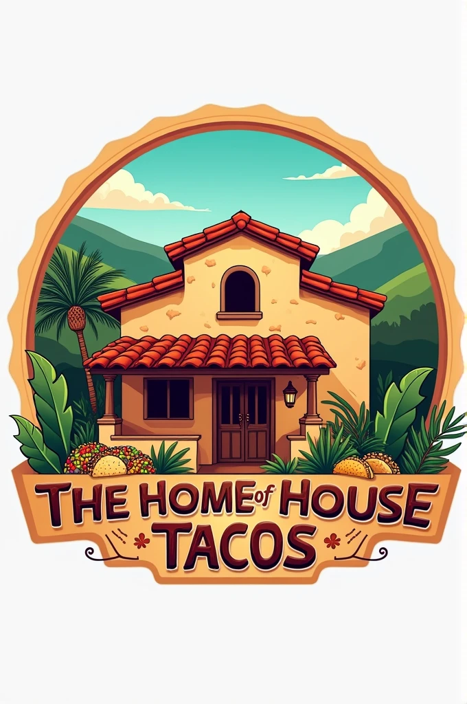Create a logo for a taco shop called "the house of tacos" and that it is set in Mexico and that it contains a house