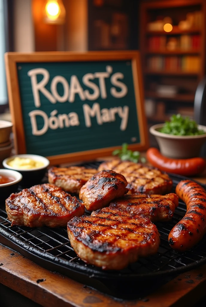 An image of a grill with meat and that says roasts doña mary, for a food menu