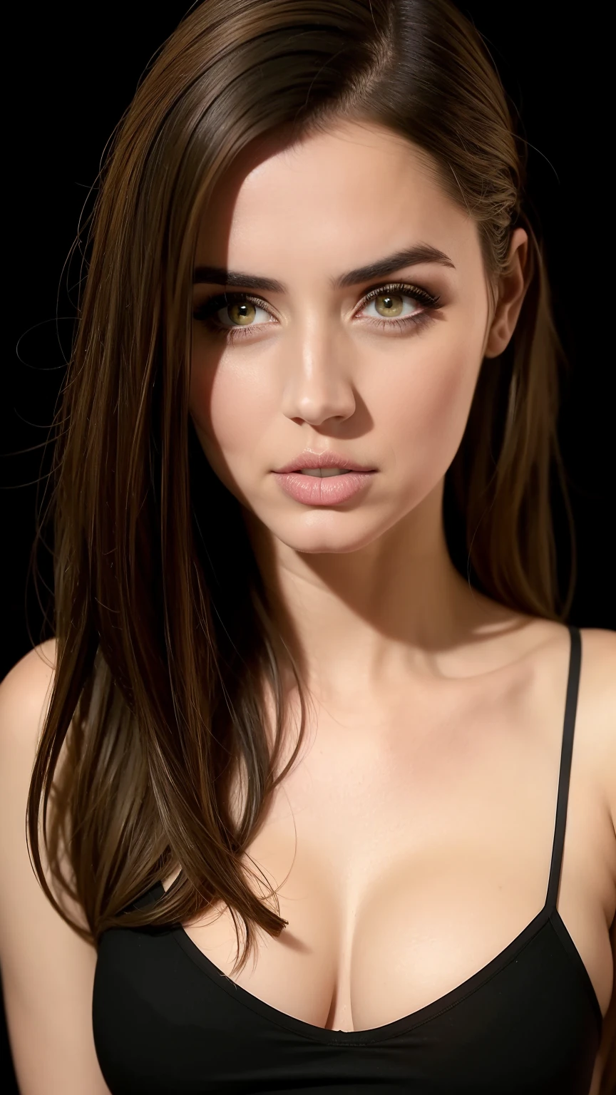 A seductive portrait of a woman, (medium shot), tanktop, brown hair, (straight hair:1.5), skin texture, digital painting, illustration, (masterpiece, best quality:1.2), high details, contrasting lighting, (black background:1.5) 