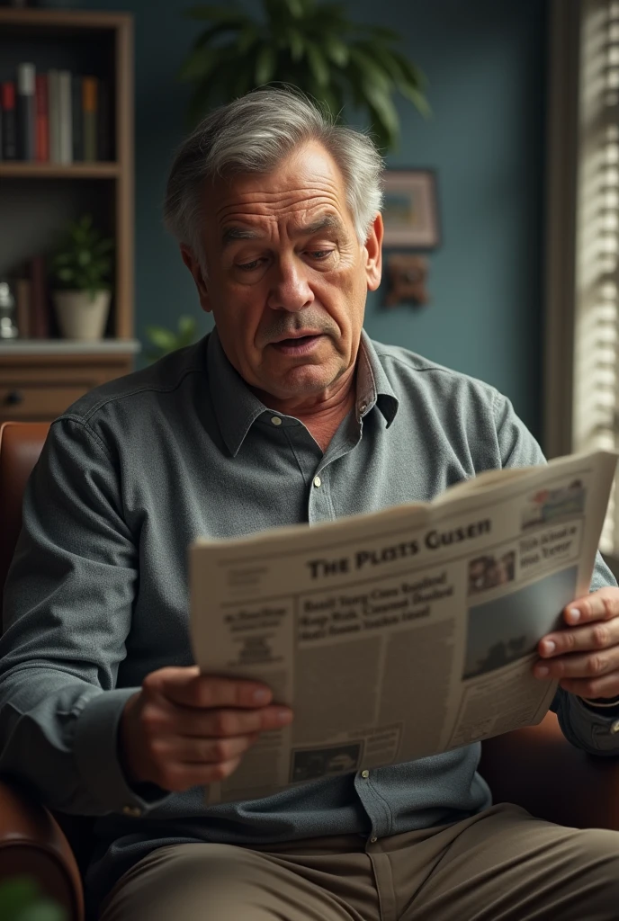 A middle-aged man reading a newspaper and fainting