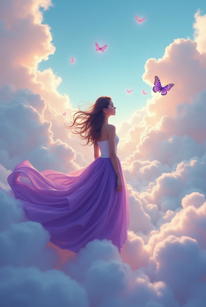The encounter between clouds and clouds,It becomes romantic because of a poem. You look forward to the rain just like you hold a dream.,The butterfly hopes to meet that once-in-a-lifetime wait。individual,Purple skirt,woman
