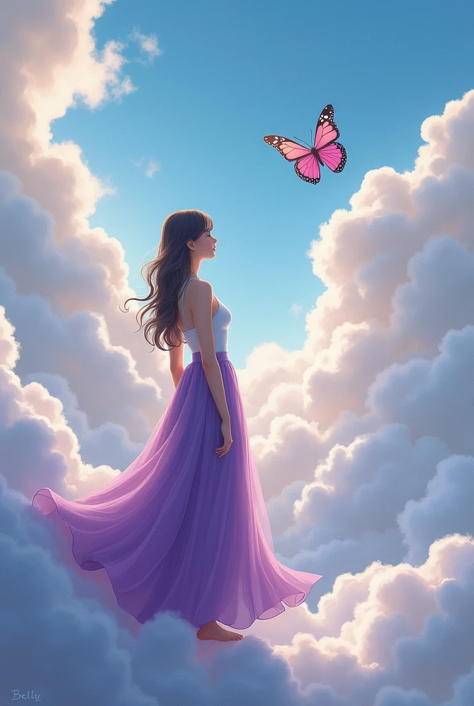 The encounter between clouds and clouds，It becomes romantic because of a poem. You look forward to the rain just like you hold a dream.，The butterfly hopes to meet that once-in-a-lifetime wait。individual，Purple skirt，woman
