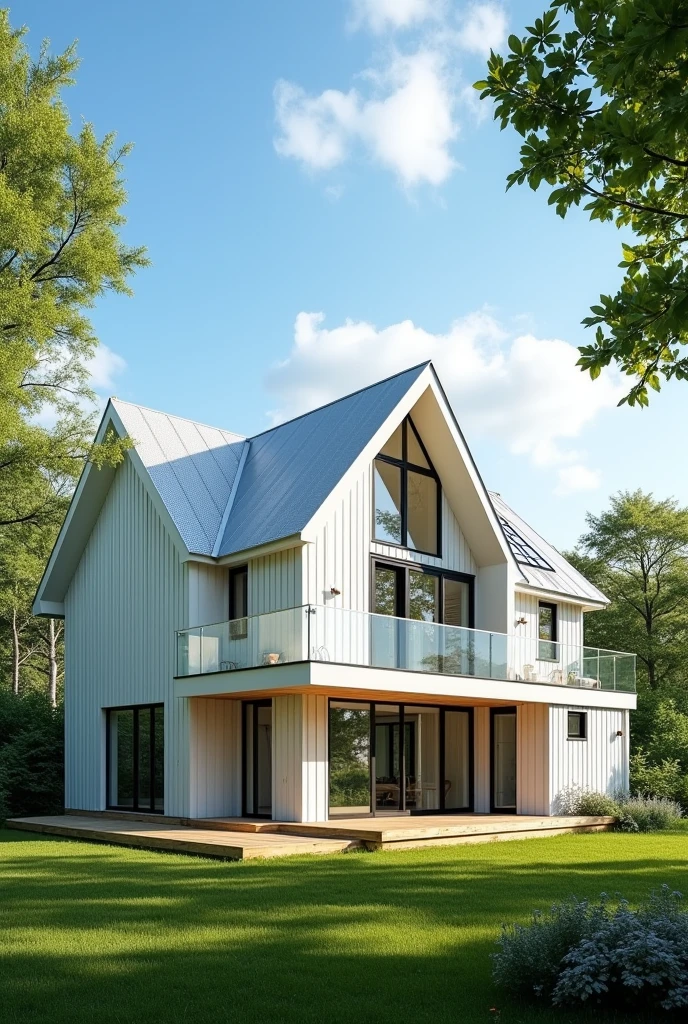 House with gable roof, white wood, large windows, trees, blue sky, modern architecture