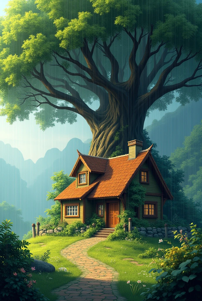 House ,tree with nust all beautiful sence with rain