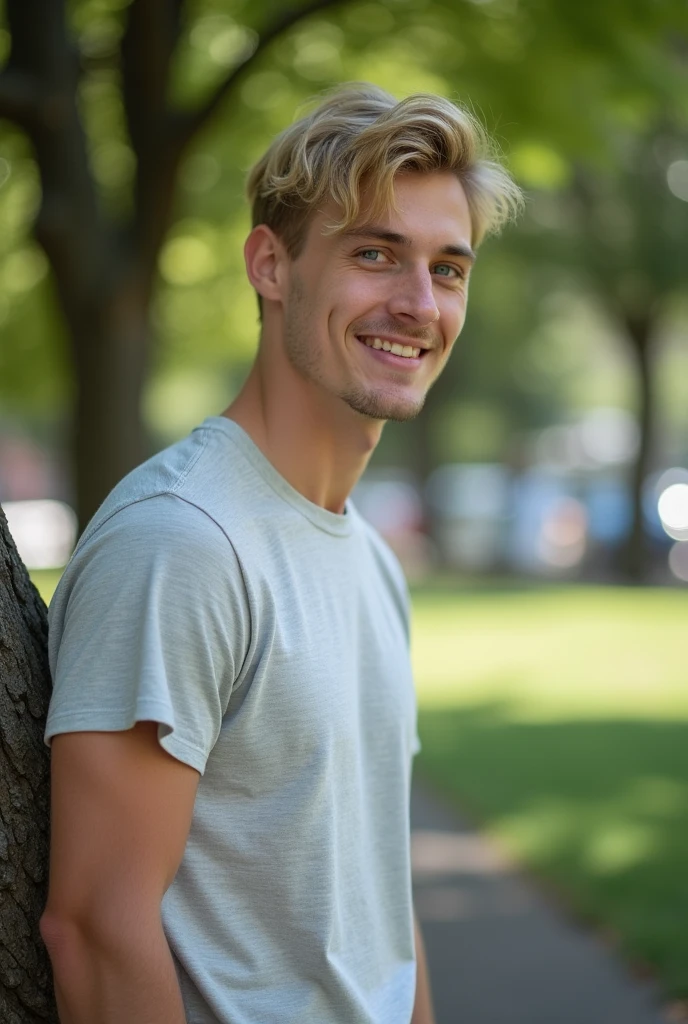 "Photo of a 2 man with mid-fade blonde hair, light blue eyes, and fair skin, in an urban park. He is wearing a simple, comfortable shirt and is standing with his back against a tree or low fence. He is smiling at the camera or looking off into the distance, conveying a natural, relaxed expression. The daylight is soft and natural, enhancing the outdoor setting and the casual style of the outfit."