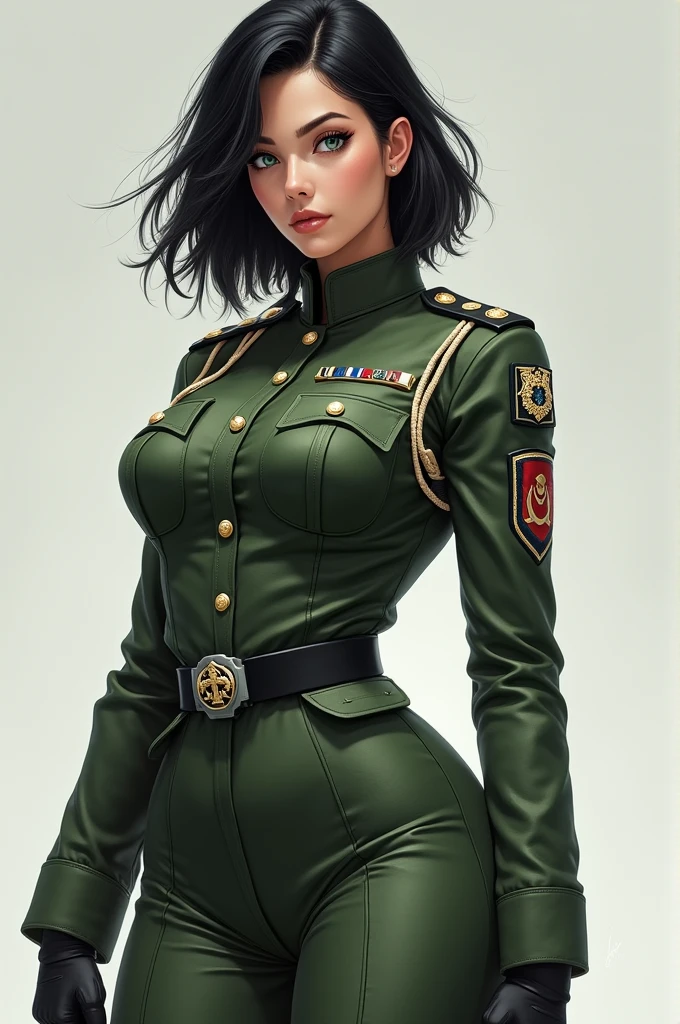 A girl in military uniform, with black hair, aqua green eyes, large bust, large buttocks and thick thighs