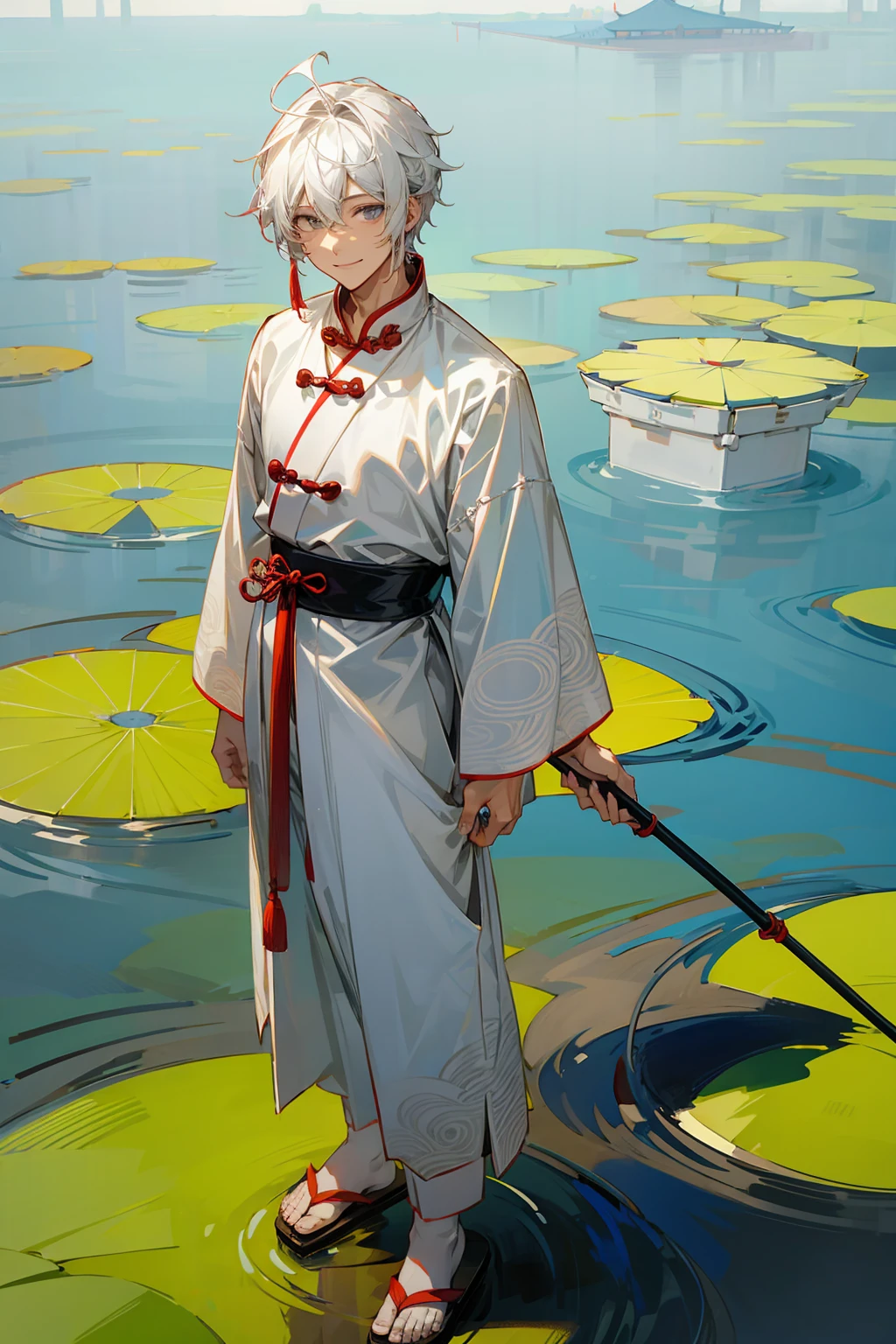 1male, Adult, Grey Colored Eyes, White Hair, Sandals, Smile, Chinese Outfit, Standing On Pond, Staff