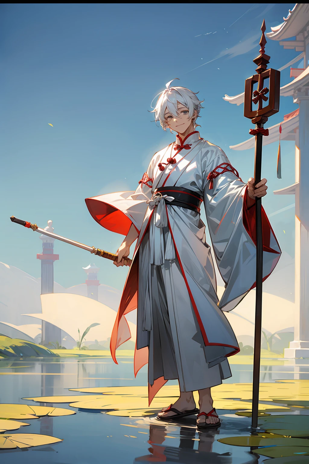 1male, Adult, Grey Colored Eyes, White Hair, Sandals, Smile, Chinese Outfit, Standing On Pond, Staff