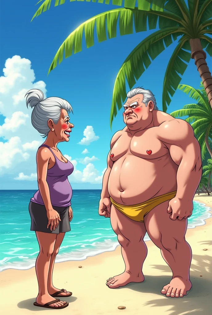 old lady, ugly and somewhat obese savoring Goku (dbz) from afar while he is on the beach wearing a thong (anime style)