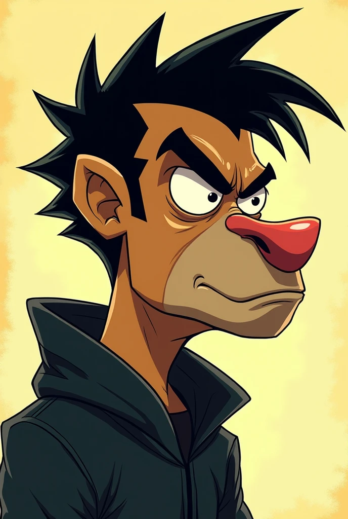 A 2d character with thick cartoon features Gorillaz style from the side is serious