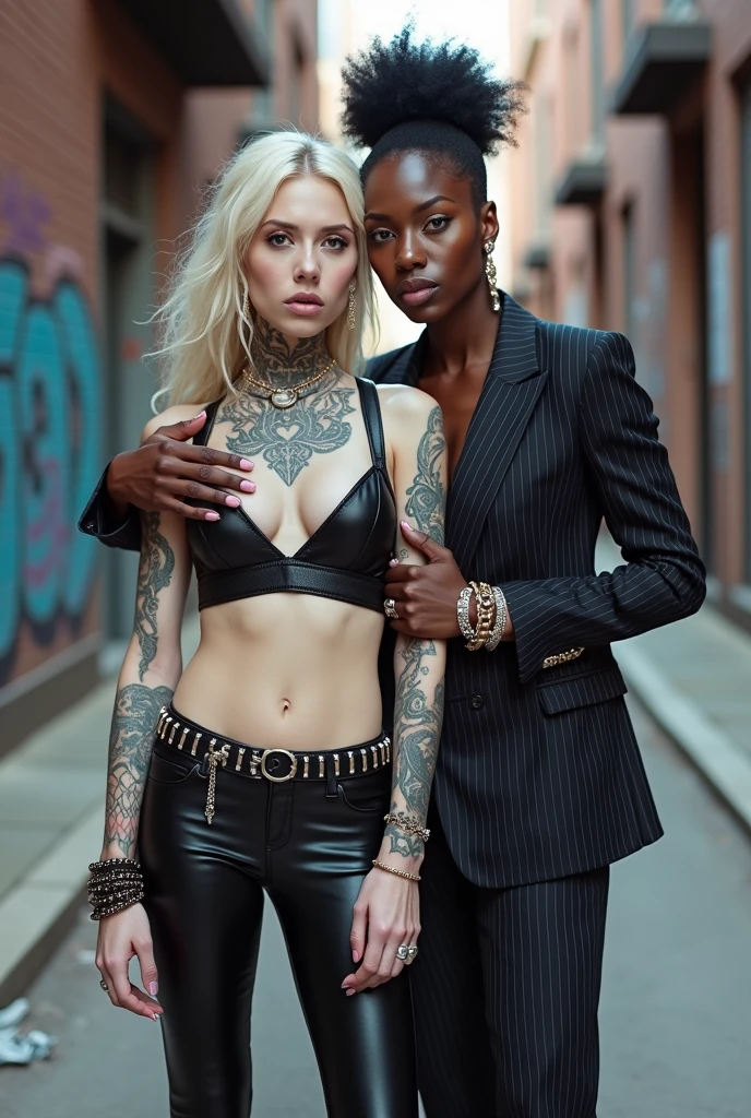 Two russian old milf women: the dominant aggressive dark skinned black woman in business pinstripe suit (jacket and trousers), black heeled shoes, very long nails and afro hair, standing up with separated legs and possessive stance showing off her new white girlfriend to the camera (arm around her girlfriends' neck squishing her back tightly, and grabbing tightly the white woman arm with her other hand, like a predator on her prey). Next to her, her white rich drunk girlfriend looks at the camera (white woman is very pale: pale face, pale neck, pale chest, pale arms, pale hands, pale stomach, pale leg), white woman stretches her neck is feeling overwhelmed by her girlfriend. white woman leans on her girlfriend heavily, feeling needy. white woman is being seduced. White woman stands up with separated legs, White woman"s body is twisted and unstable, the hands of white woman are on her belt. White woman dresses in rock chic style: low rise skinny leggings, grey hair (pouf, top bun with shaved sides, wide colourful bandana as headband) and oversized square sunglasses as headband. Big lips with no makeup. White woman wears Black studded leather push up bra and has big breasts. Barefoot.. Lots of thick wide studded bracelets in the wrists of the white woman, big pearl necklaces around the neck of the white woman, and big rings, Pearl earrings. Wide loose studded belt with big solid buckle. Loose chains and studded belts around the hips of the white woman. White woman is lazy, leaning on her girlfriend.. The white woman is densely tattooed on neck, snake tattoos on her chest, snake tattoos on her arms, snake tattoos on her stomach, tattoed legs, wrists and feet. White woman has well Toned abdominals, thin neck, slim legs and thin arms. White woman has Narrow hips and noticeable tigh gap. The body of the white woman is twisted in a lazy posture. Full body. On a narrow street with graffitied walls