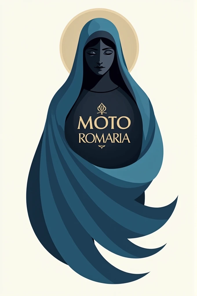 Create a logo written Moto Romaria, with the image of our black lady in a blue cloak in a modern Catholic style