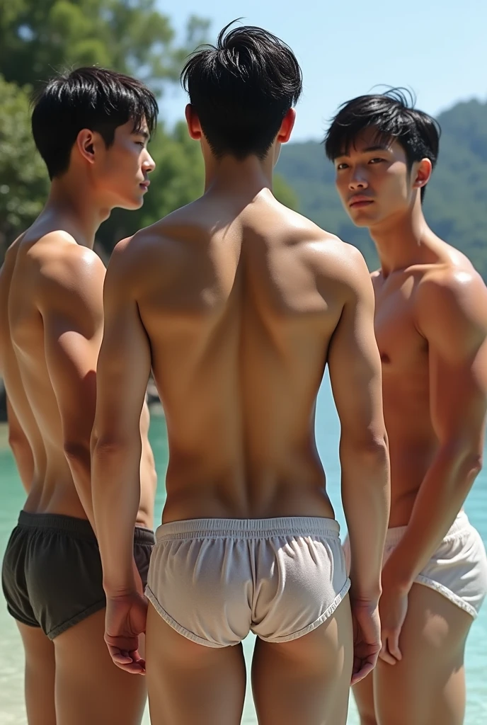 (man), (two young couples，same height，two college students,Different hairstyles), (28 years old), （By the beach）, Film texture, Japanese movies，realism，real human, Beautiful light and shadow., blurred background, Long eyelashes,Totally naked,Double eyelids, handsome，youthfulness，refreshing，Asian people，I&#39;m a shy person.，smile，Big eyes，round eyes，full body shot