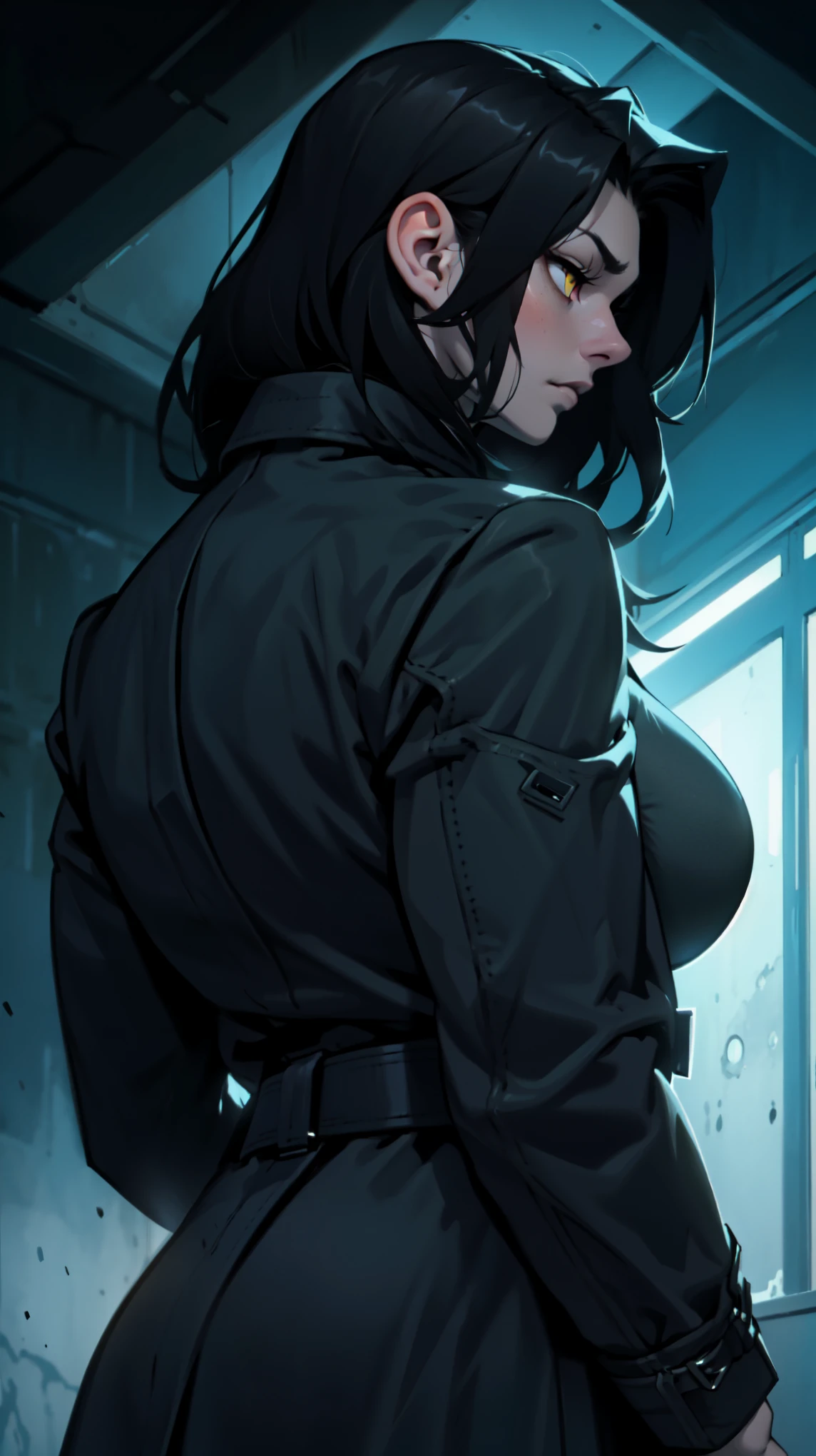 tired black hair yellow eyes pale skin muscular girl toned body large breasts embarrassed huge muscles tired tired dark atmosphere dark atmosphere dark atmosphere dark atmosphere dark atmosphere dark atmosphere dark atmosphere dark atmosphere dark atmosphere dark atmosphere dark atmosphere dark atmosphere feminine huge breasts trench coat rim lighting from behind from behind 