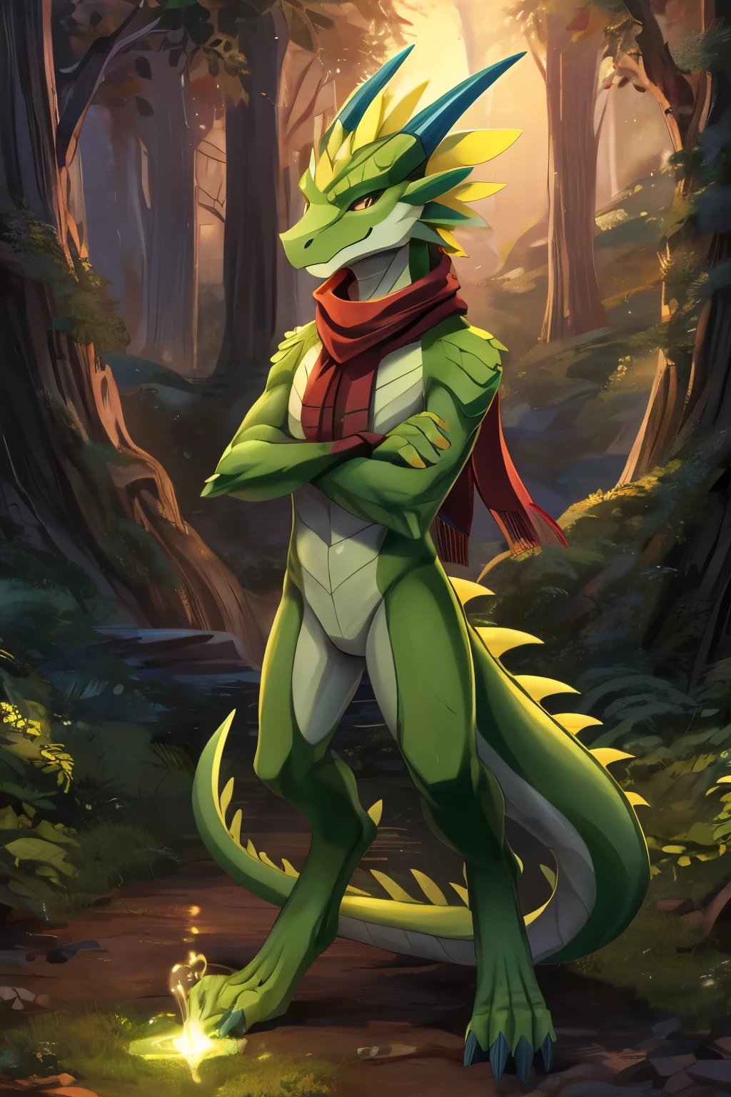 (anime), (front facing), (looking at the camera), slim furry green and lime dragon using old magic, ((crossed arms)), green main body color, smooth skin, very long muzzle, neck and tail fur, digitigrade, creative horns, feathers, gradients, (wearing only a scarf), nature background, full body