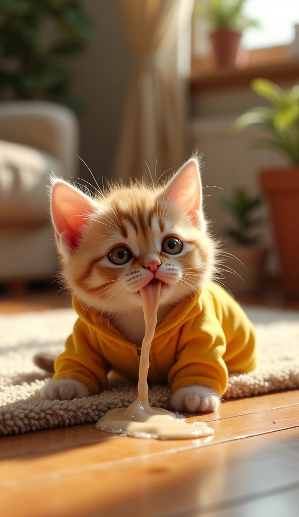 Create a photorealistic image of A small kitten crying and vomiting fluid following from kitten 's mouth, kitten wearing yellow jeans outfit lying on the floor, vomiting, The background shows a cozy living room with scattered toys.