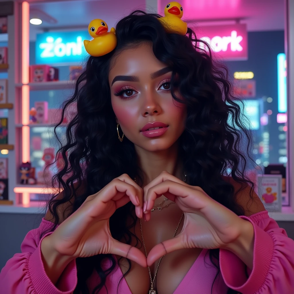 realistic photo of a (pretty girl, 20 years old, brunette, black eyes) as pop influencer with kawaii ducks at hair at her cosy apartament into a glass building , (full lips) , ((perfect face)), [[mild smile]], proportionate body,mixed white-latina herritage, [nubyan nose], beautyfull, beautyfull face, tanned skin, two arms, two legs, five fingers by hand, full body, (softly curly black long hair), girl with kawaii duckies at hair and doing a heart with her hands, girl making a heart with her fingers, influencer making a video, collorfull clothes, syntpunk vibes, [computer], otaku decoration, mangas and collectibles at shelves, cyberpunk city after glass panels, neon, night, (western girl), western traits, instagram influencer photo
