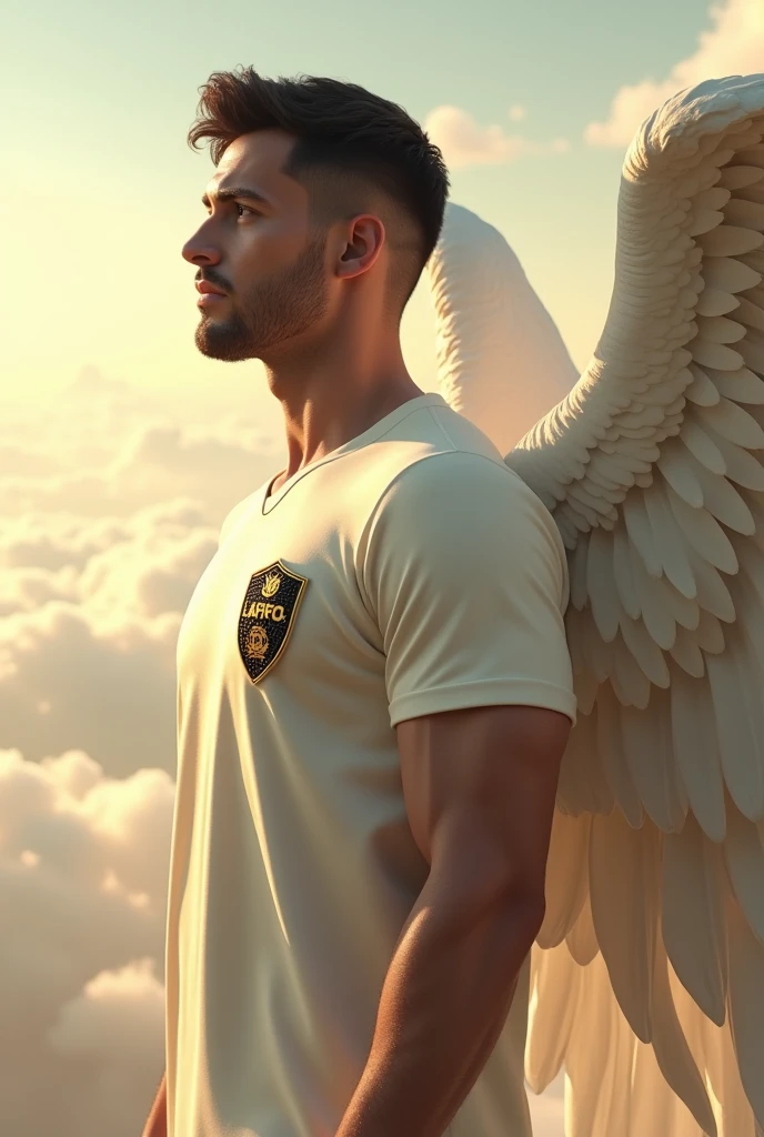 Design a strong male angel with a cream shirt with a logo on the left side in the shape of a shield with a black background with the golden letters LAFC worthy of a cover as well as a professional 3d surreal image looking to the left 